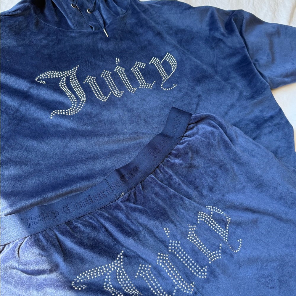 Juicy Couture Women Navy Blue Hoodie & Trackpants Set Rhinestone Logo Tracksuit